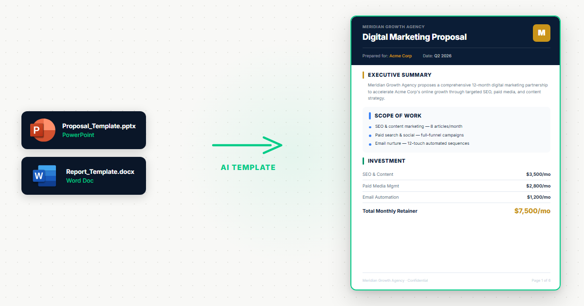 Business professional transforming repetitive documents into AI-powered templates with LLeMental automation