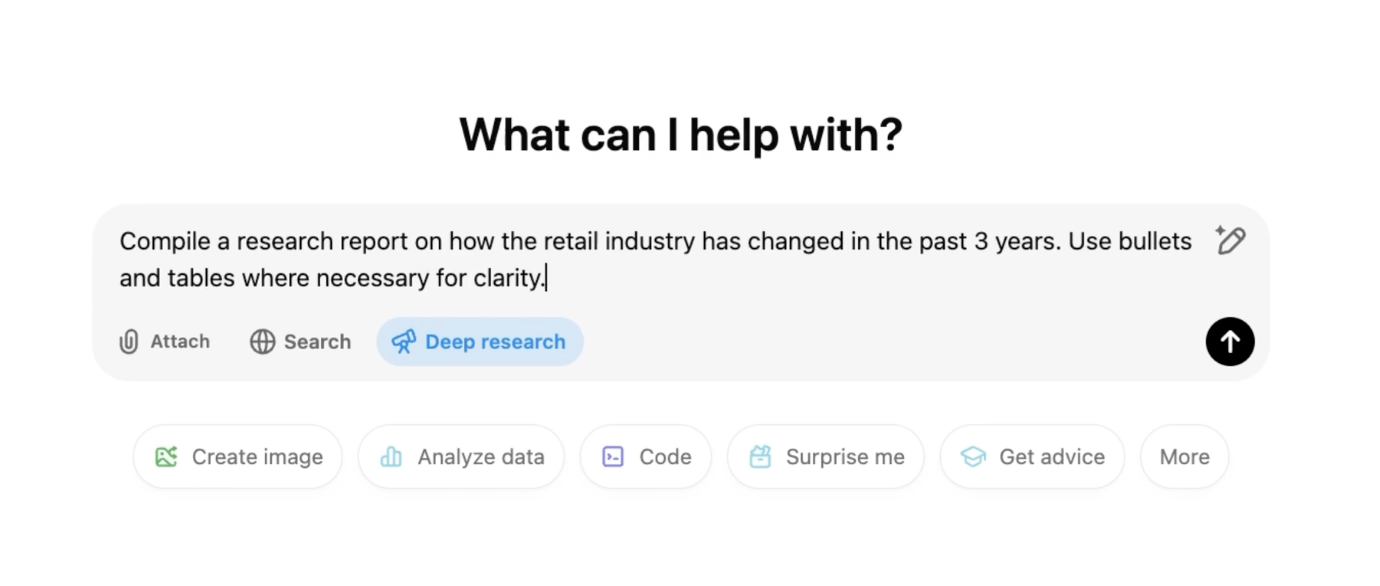 OpenAI's Deep Research Agent being given the question: 'Compile a research report on how the retail industry has changed in the past 3 years. Use bullets and tables where necessary for clarity.'