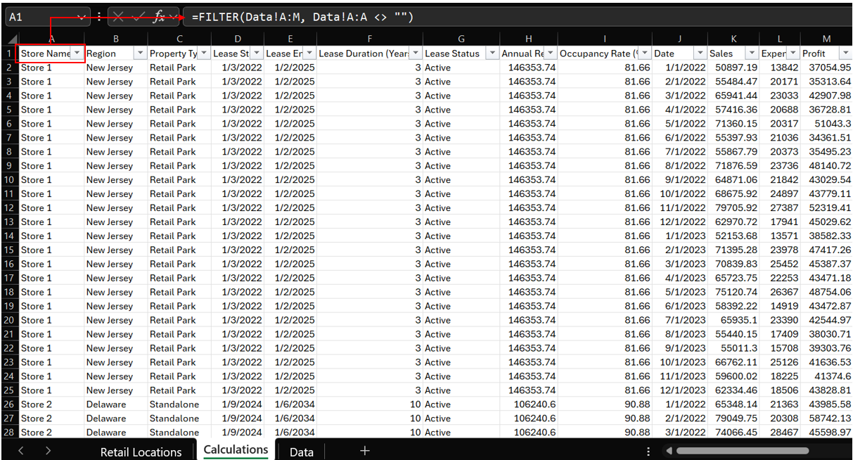 Excel filter dynamic array formula with flyline