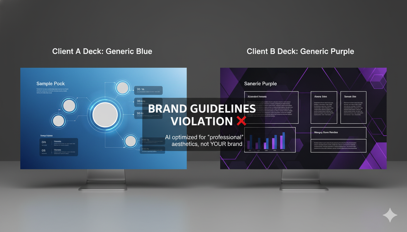 Comparison showing generic AI presentation template versus brand-specific PowerPoint design