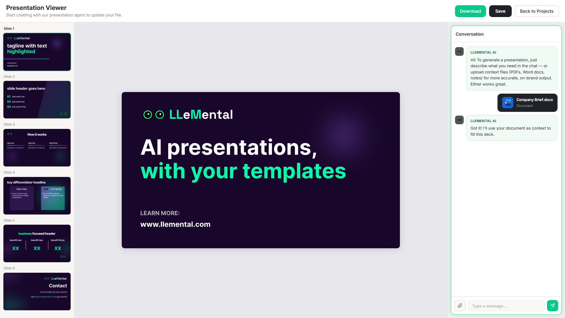 LLeMental Presentation Viewer showing an AI-generated slide inside the original PowerPoint template — formatting and branding fully preserved