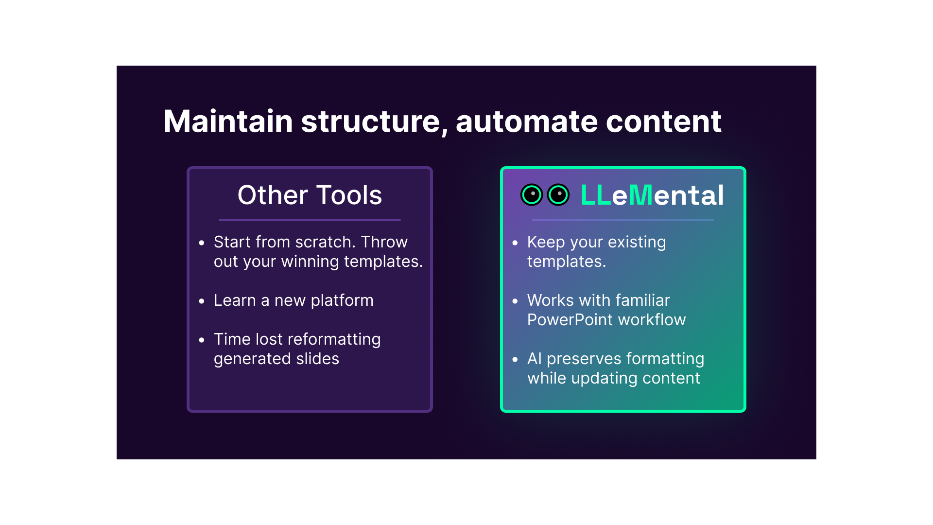 LLeMental AI presentation generator output — generated slides preserve existing PowerPoint template formatting, branding, and layout