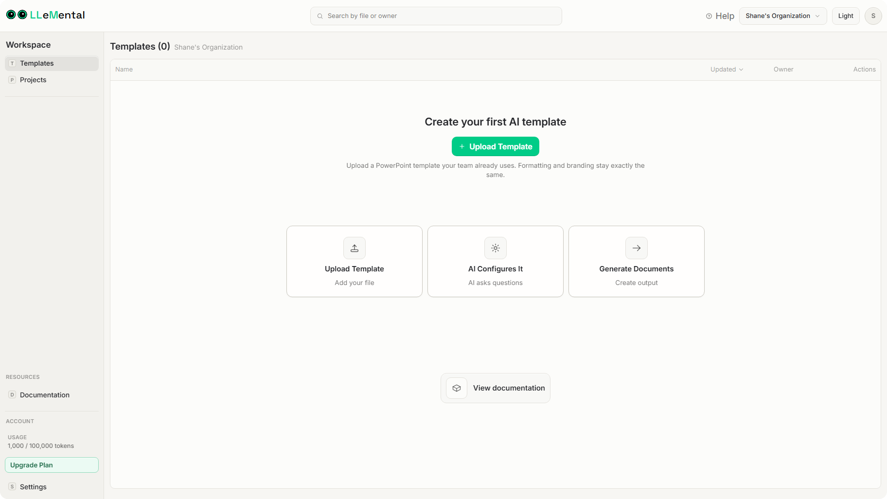 LLeMental getting started screen showing the three-step workflow — Upload Template, Create a Project, Generate Documents — with no configuration required