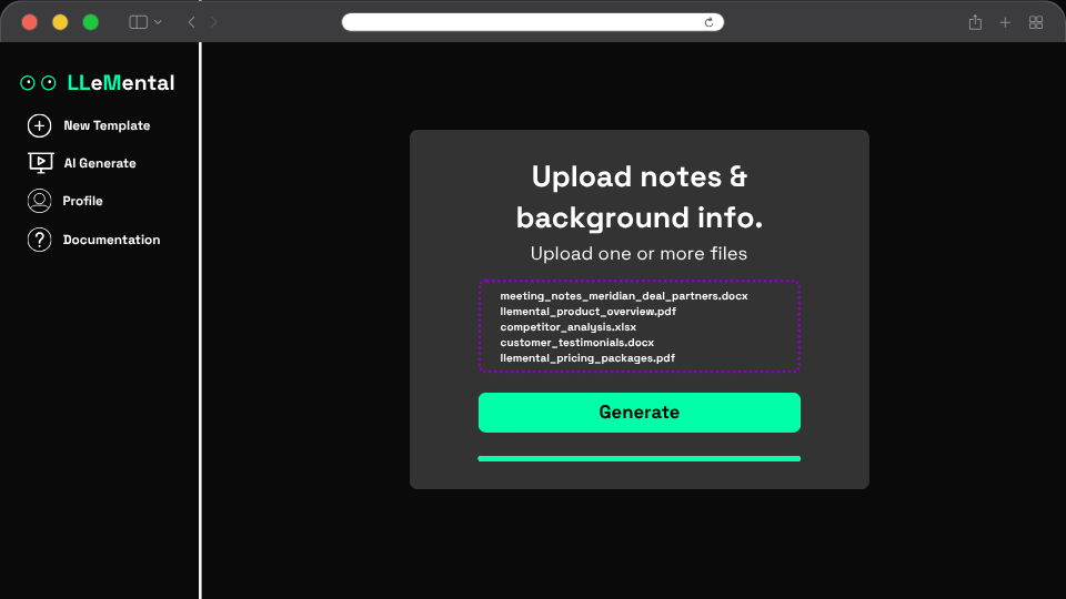 LLeMental multi-source data upload interface processing PDFs, websites, and documents for AI PowerPoint slides generation