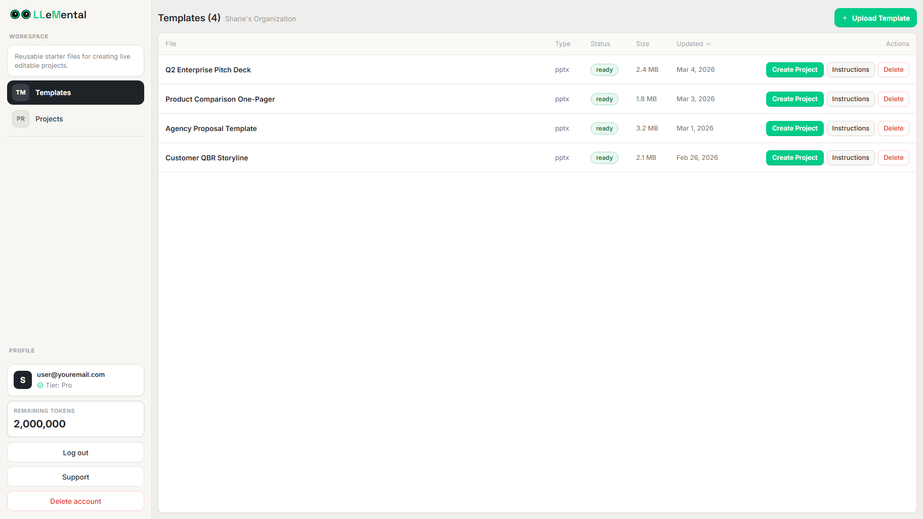 LLeMental template library showing uploaded PowerPoint templates ready to create AI presentations — includes Q2 pitch deck, product one-pager, agency proposal, and QBR templates