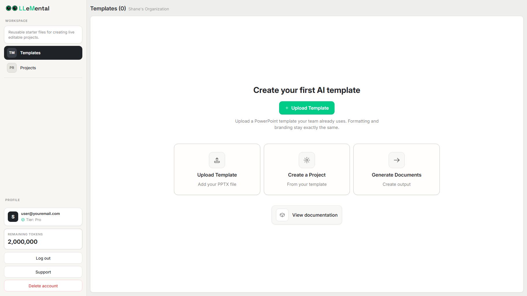 LLeMental getting started screen showing the three-step workflow — Upload Template, Create a Project, Generate Documents