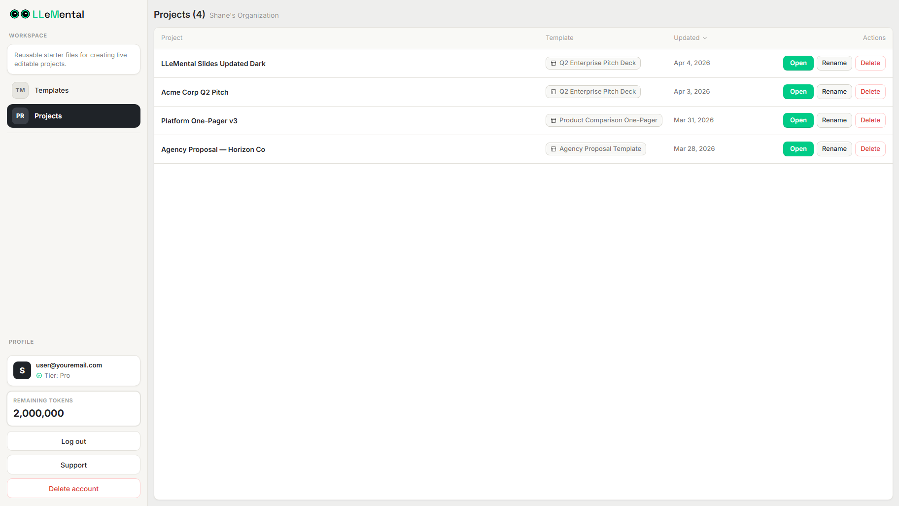 LLeMental projects library showing multiple AI presentations generated from the same PowerPoint templates — demonstrating repeat-use template preservation workflow for business teams