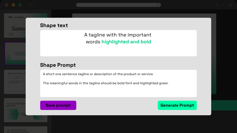 LLeMental's interactive prompting interface showing AI template configuration for PowerPoint automation