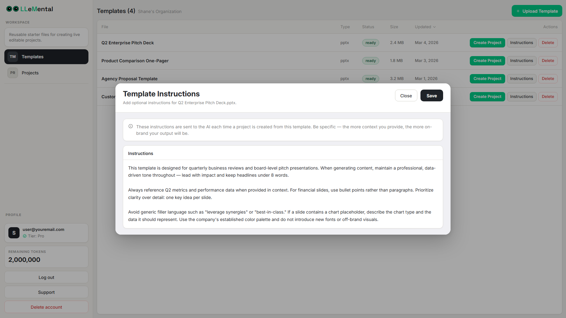 LLeMental template instructions modal showing optional AI generation guidance for an existing PowerPoint template — tone, formatting, and section-level instructions