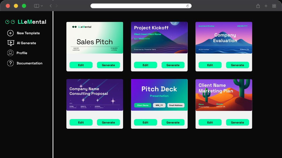 LLeMental template library dashboard showing organized AI PowerPoint templates ready for instant generation